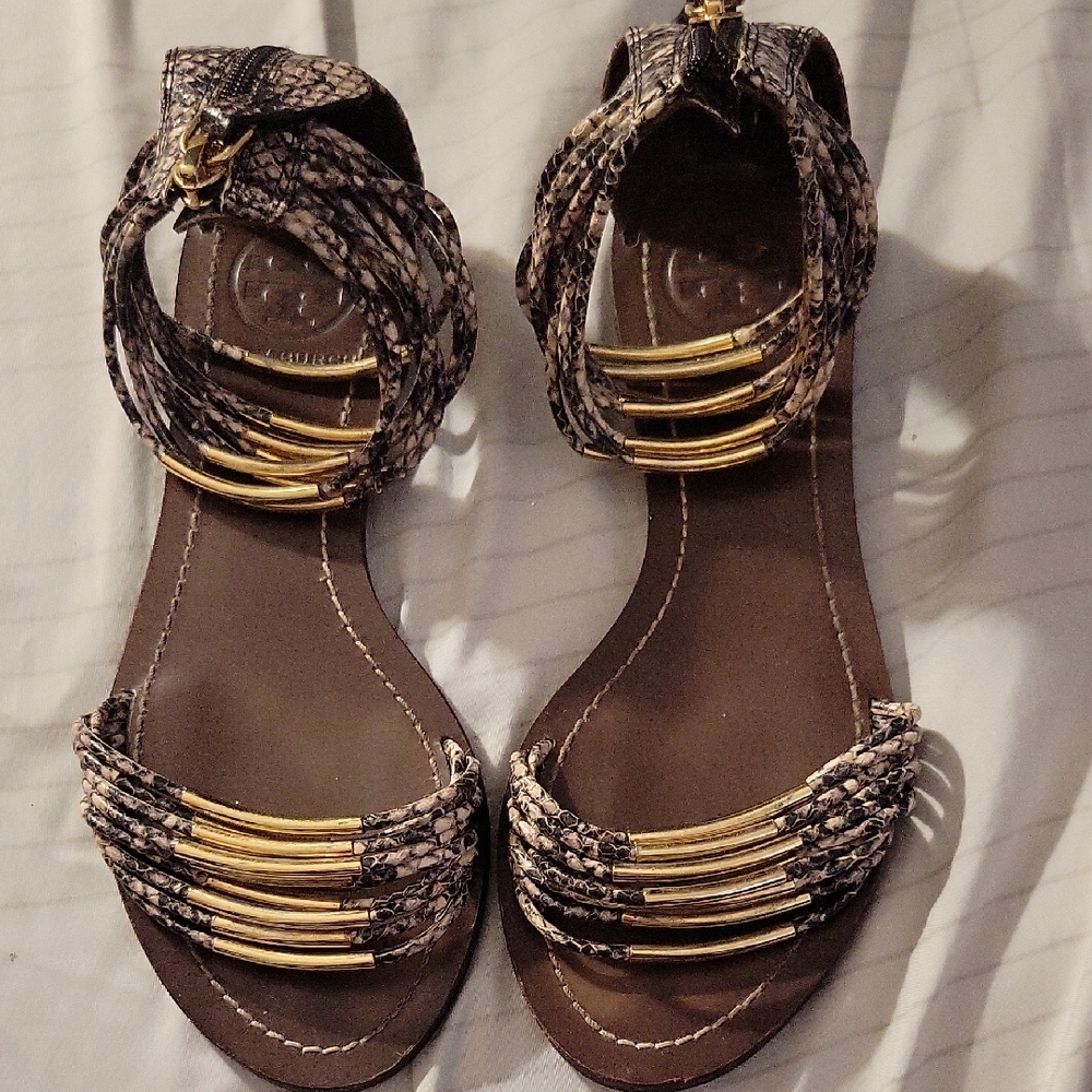 Tory Burch Snakeskin and Gold Sandals